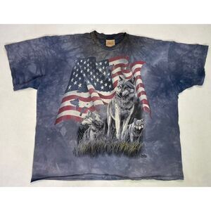 VINTAGE The Mountain Wolves USA Flag 2001 T-shirt Men 3XL Blue Tie Dye Thrashed